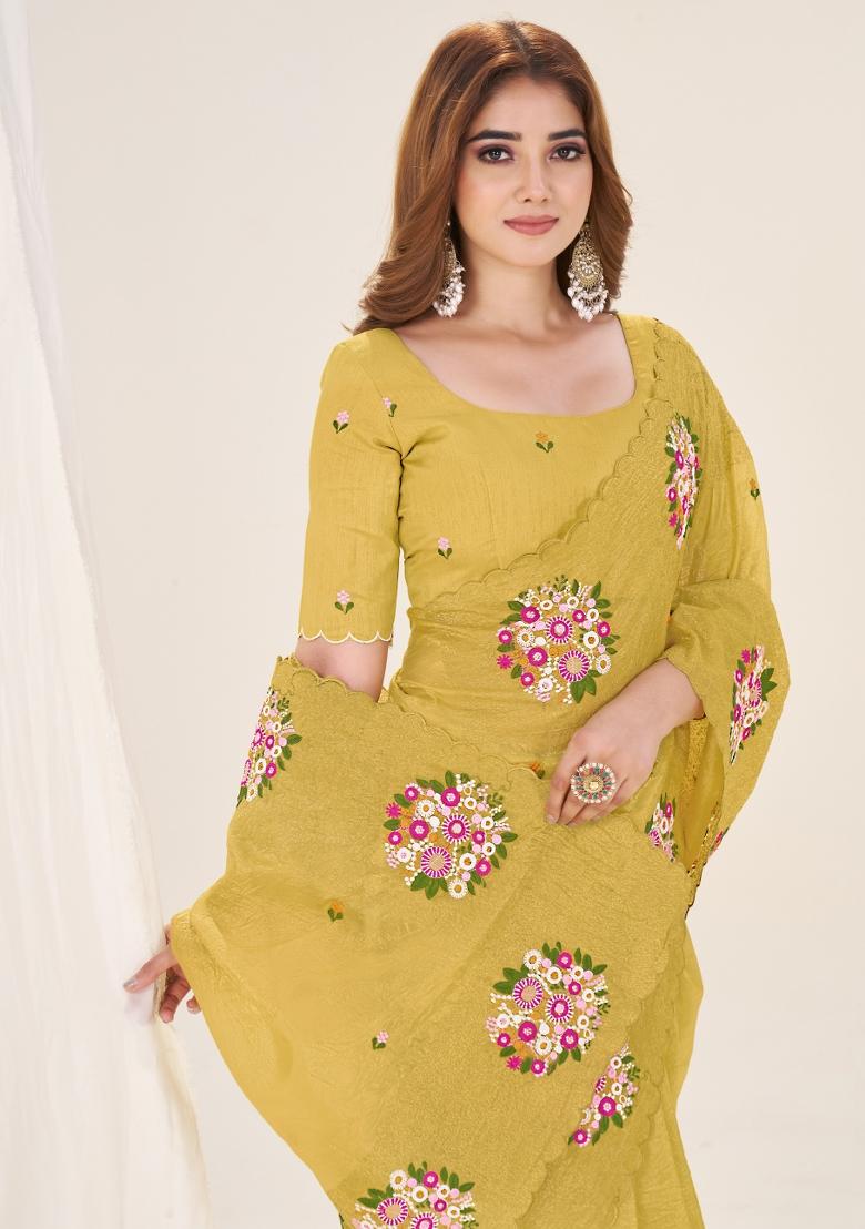 Yellow Embroidered Polyester Saree Set - Indya