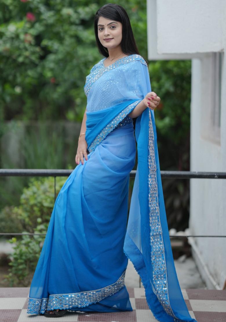 Blue Embroidered Polyester Saree Set - Indya