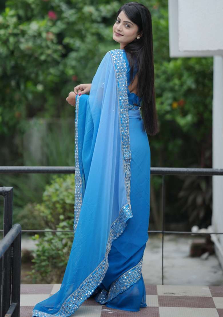 Blue Embroidered Polyester Saree Set for Diwali and Festive Wear - Indya