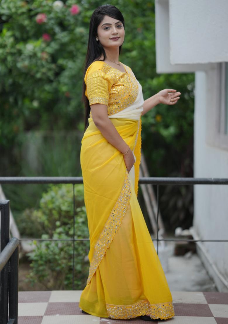 Yellow Embroidered Polyester Saree Set - Indya