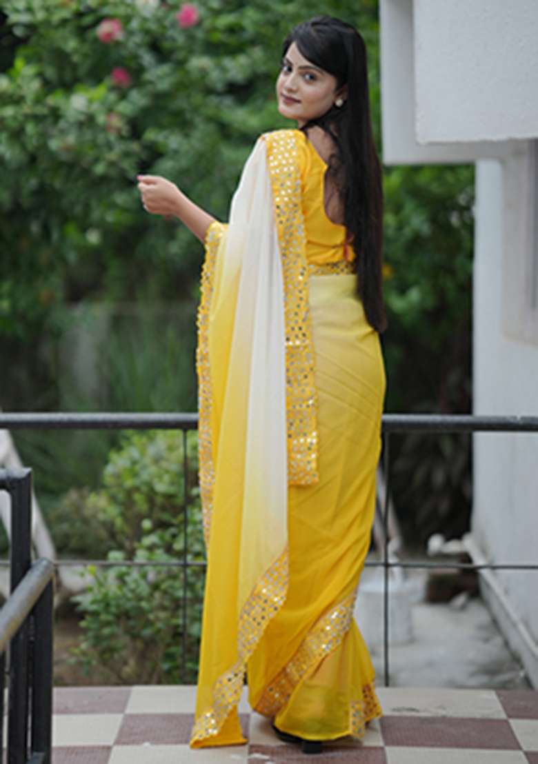 Yellow Polyester Saree Set with Embroidered for Diwali | Wedding & Festive Wear - Indya
