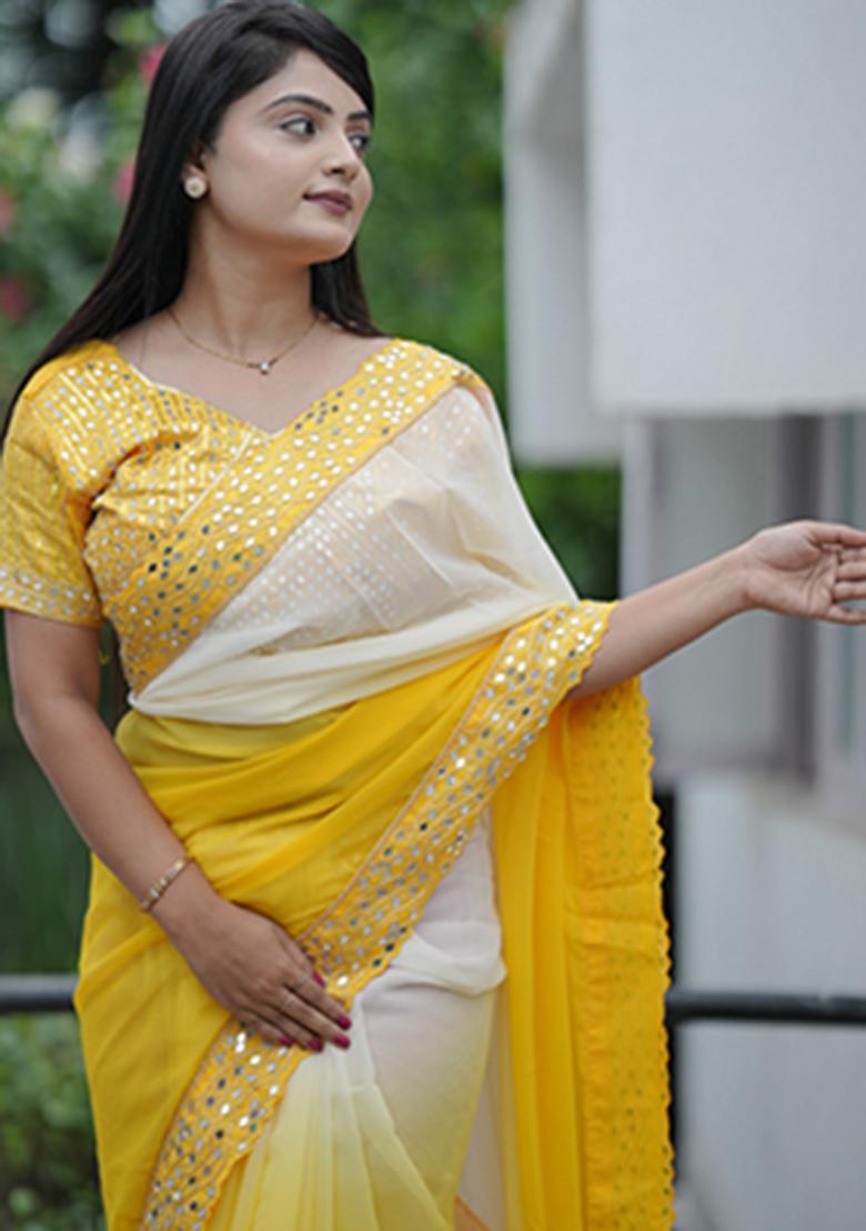 Yellow Embroidered Polyester Saree Set - Indya