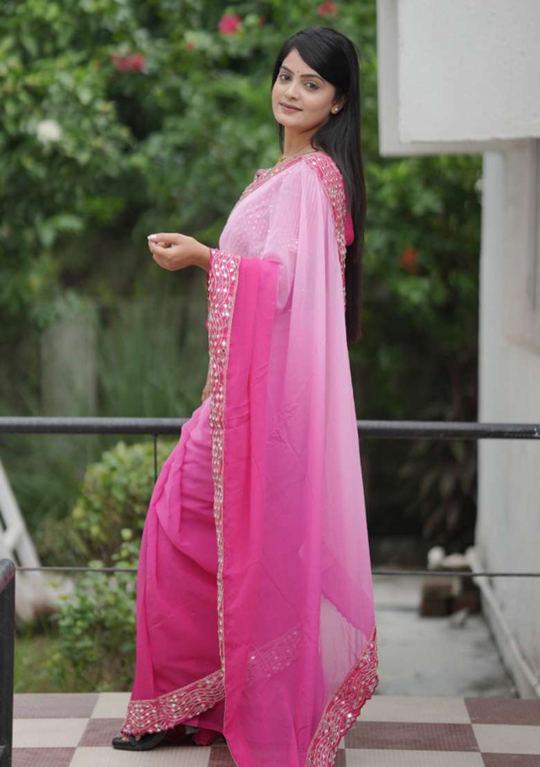 Pink Polyester Saree Set with Embroidered for Diwali | Wedding & Festive Wear - Indya
