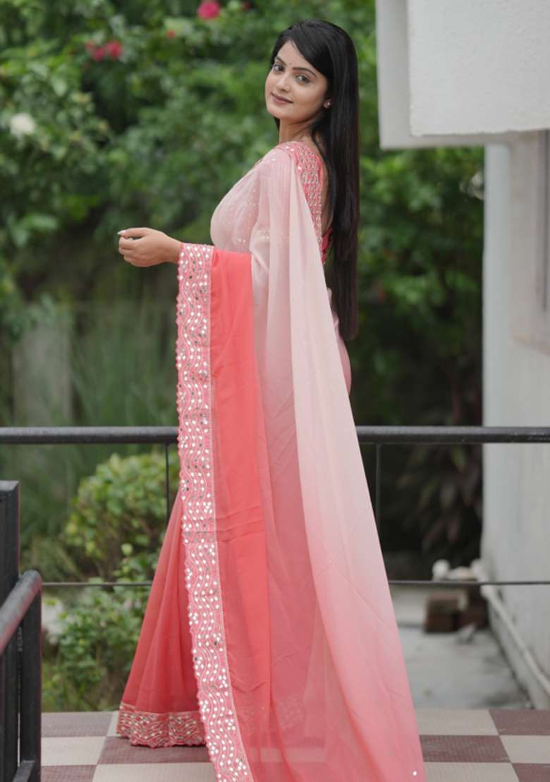Peach Polyester Saree Set with Embroidered for Diwali | Wedding & Festive Wear - Indya
