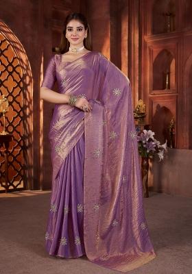 Purple Embellished Polyester Saree Set