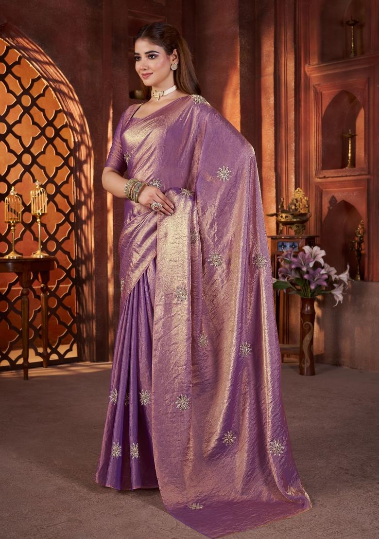Purple Embellished Polyester Saree Set - Indya