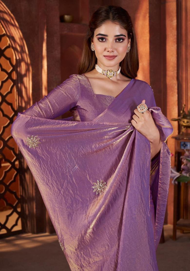 Purple Embellished Polyester Saree Set - Indya