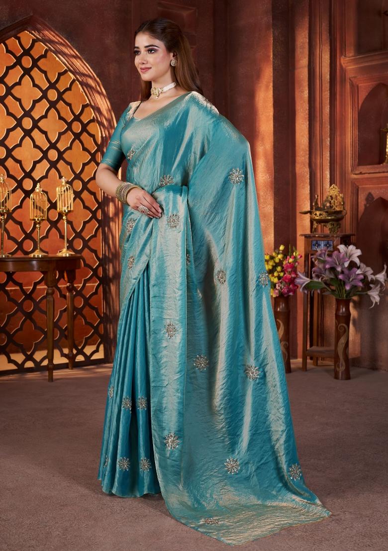 Teal Embellished Polyester Saree Set - Indya