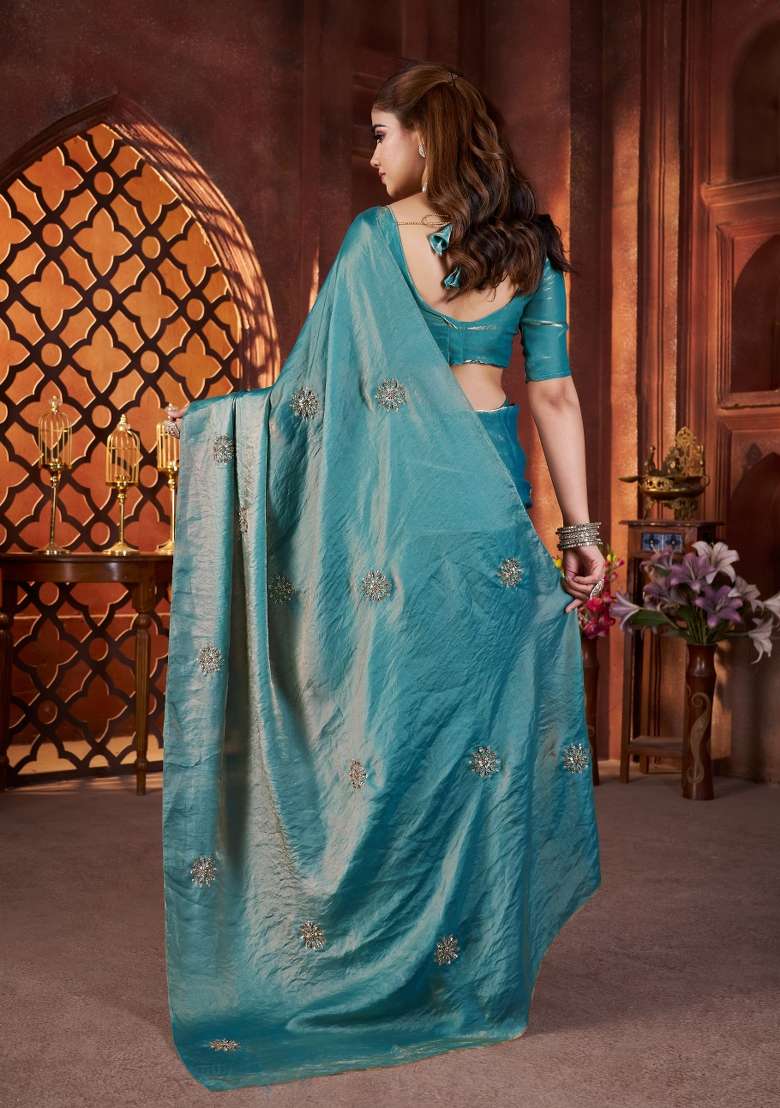 Teal Embellished Polyester Saree Set for Diwali | Wedding & Festive Wear - Indya