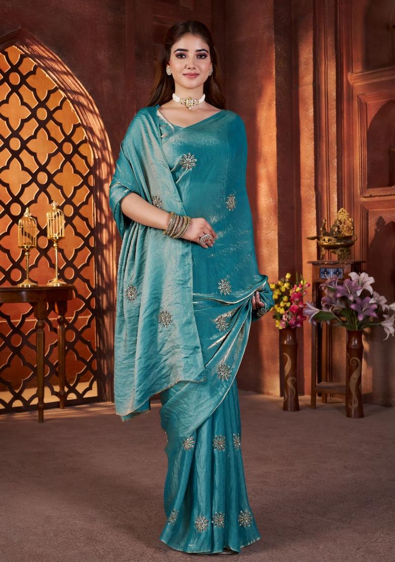 Teal Embellished Polyester Saree Set - Indya