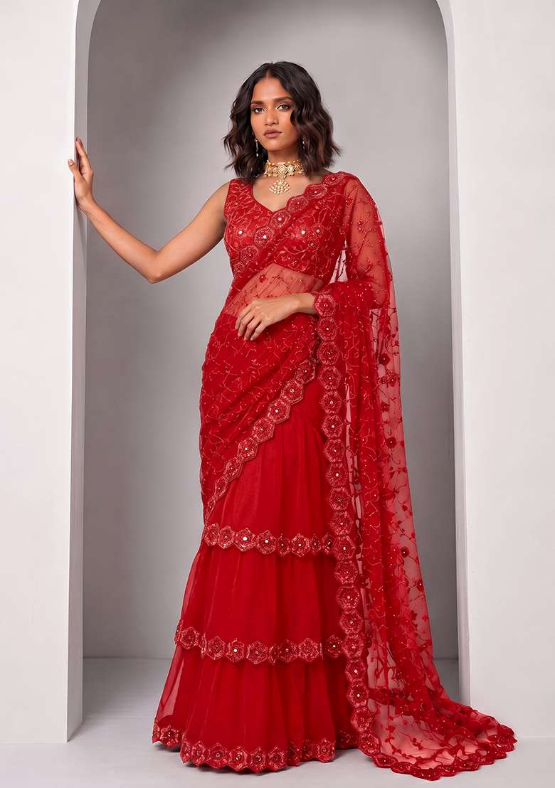 Red Embroidered Georgette Saree Set - Indya