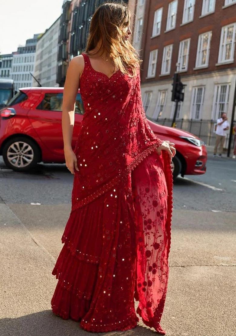 Red Embroidered Silk Saree Set - Indya