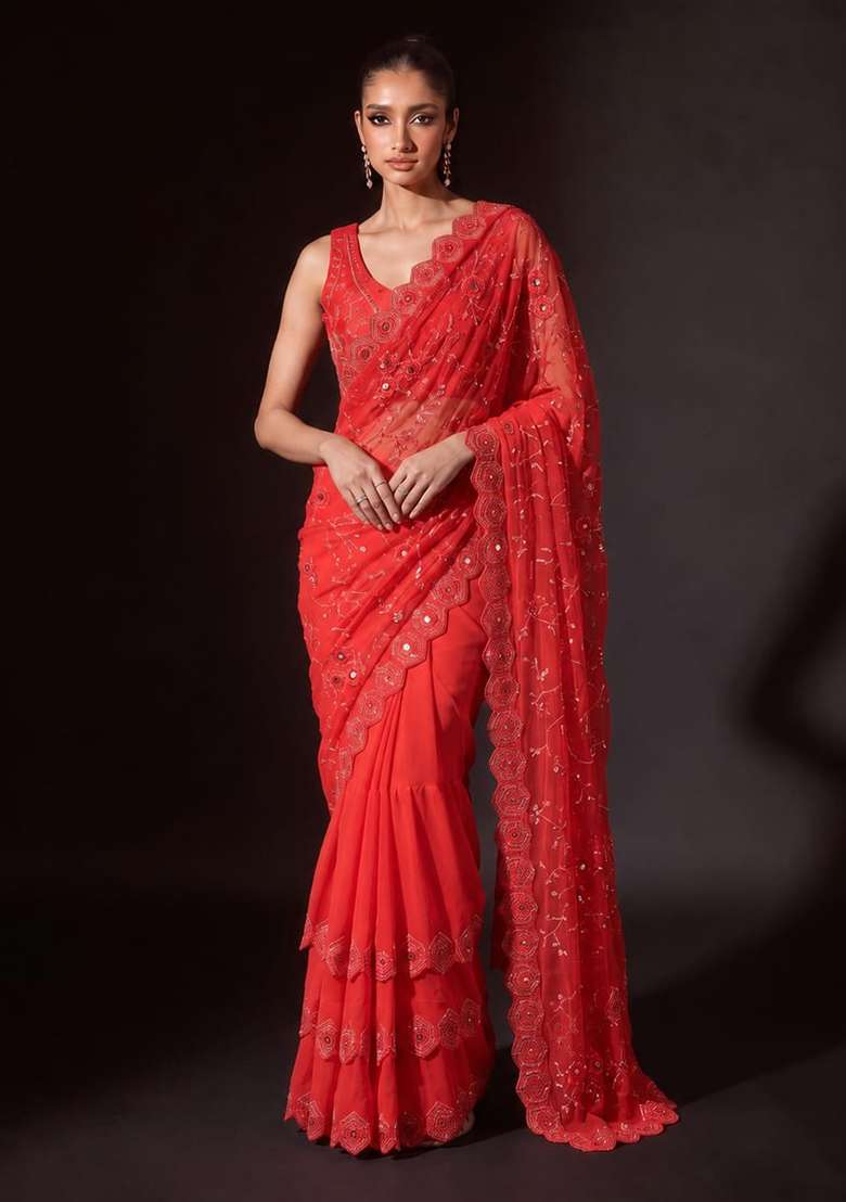 Red Embroidered Georgette Saree Set - Indya