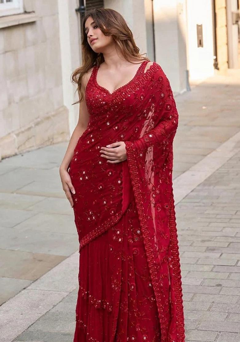 Red Embroidered Silk Saree Set - Indya