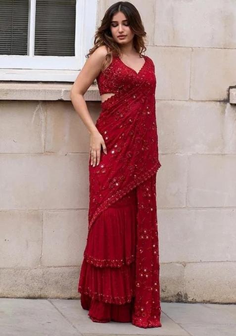 Red Embroidered Silk Saree Set