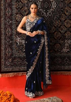 Blue Embroidered Viscose Saree Set