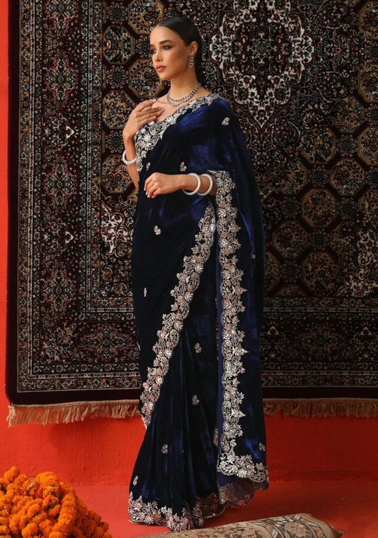 Blue Embroidered Viscose Saree Set - Indya