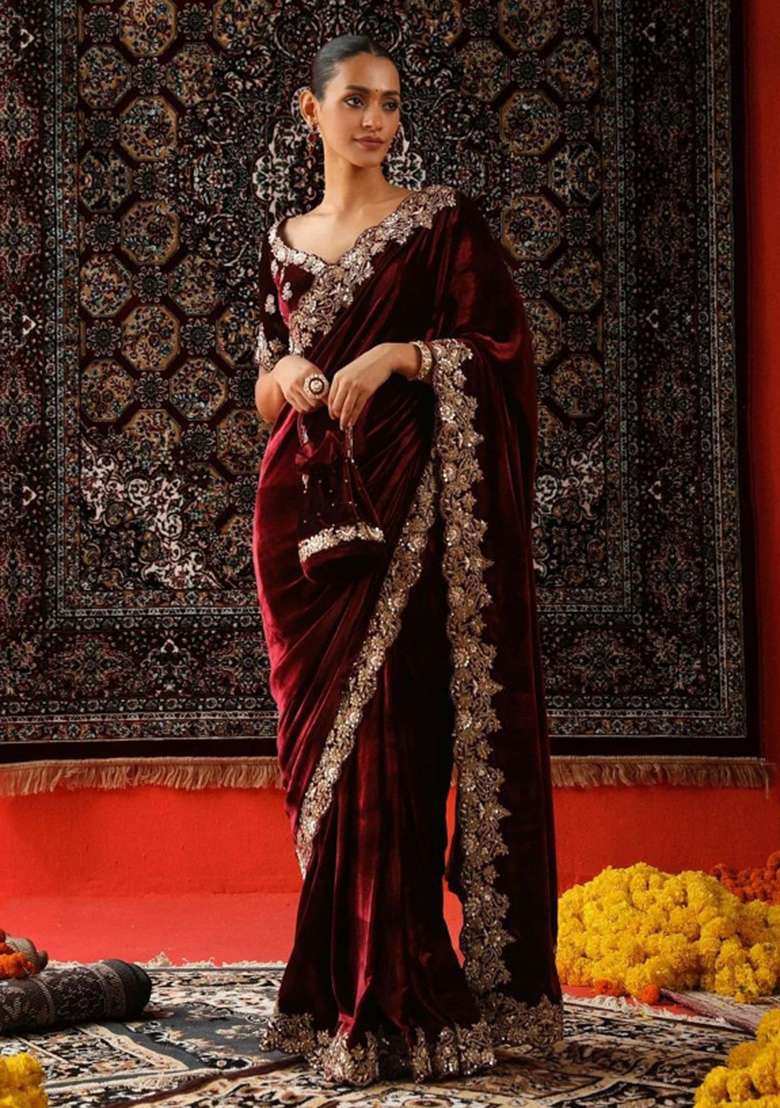 Maroon Embroidered Viscose Saree Set for Diwali and Festive Wear - Indya