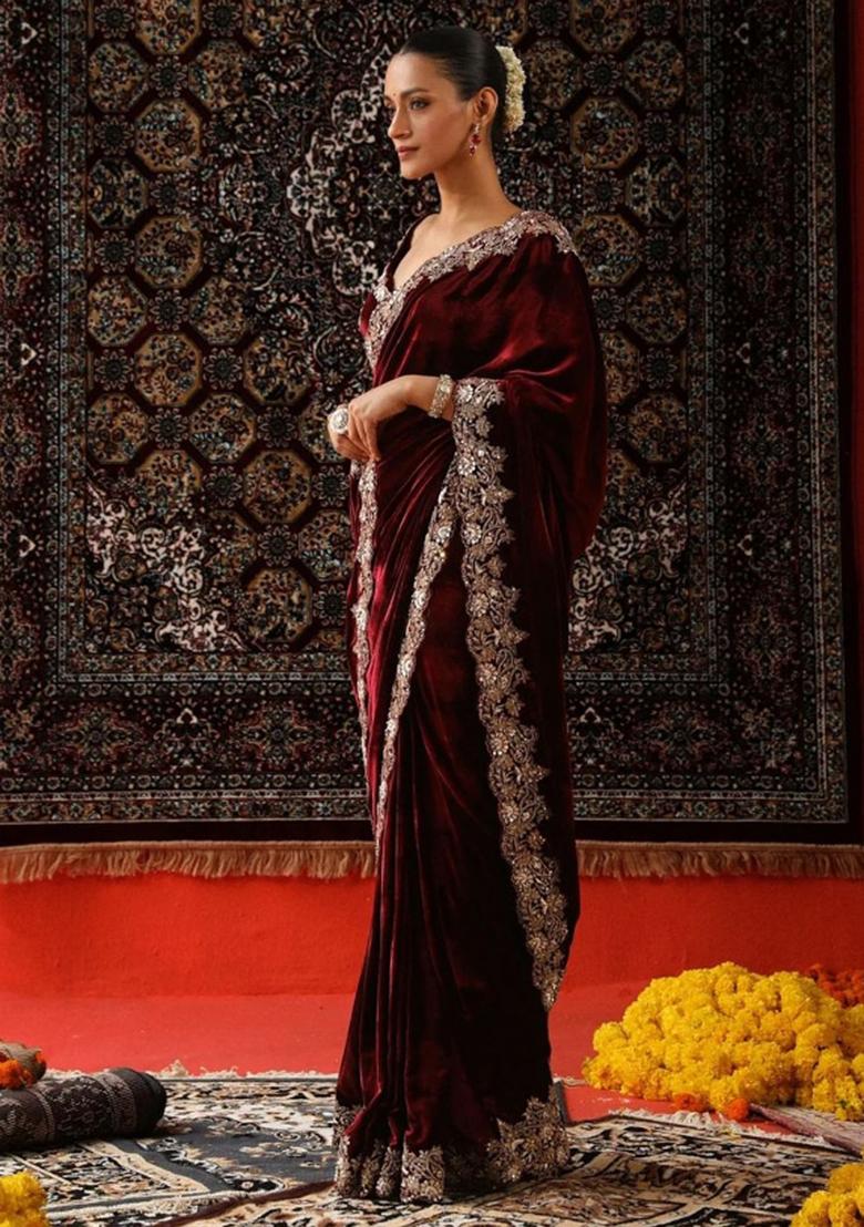 Maroon Embroidered Viscose Saree Set - Indya