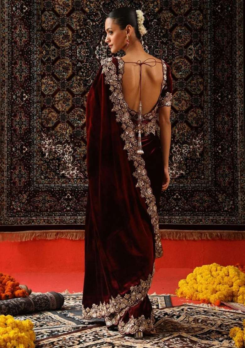 Maroon Embroidered Viscose Saree Set for Diwali and Festive Wear - Indya