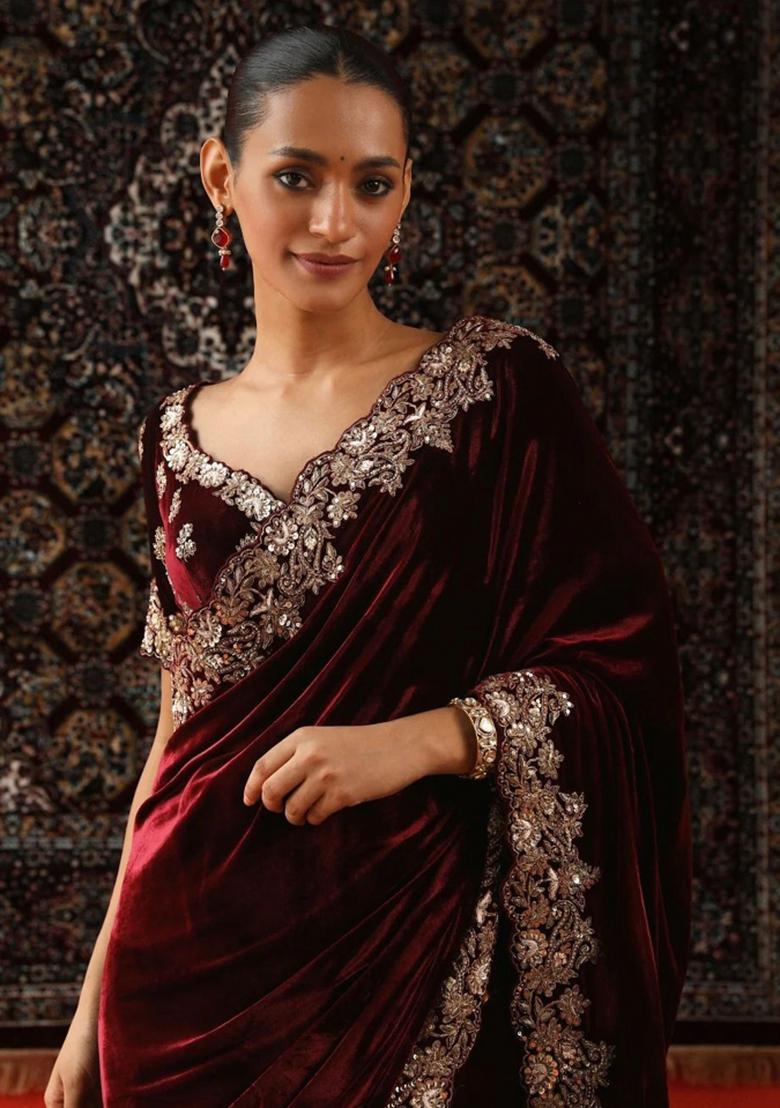Maroon Embroidered Viscose Saree Set - Indya
