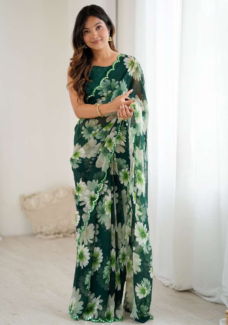 Green Abstract Georgette Saree Set for Diwali | Wedding & Festive Wear - Indya
