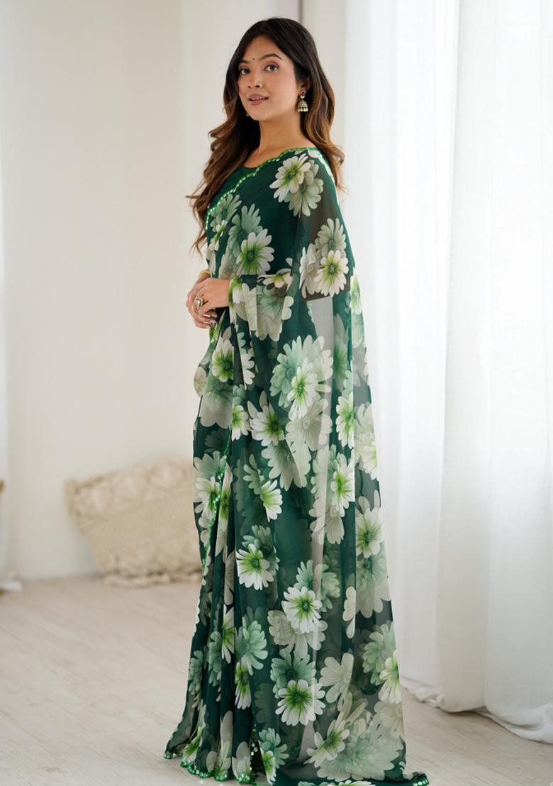 Green Abstract Georgette Saree Set - Indya