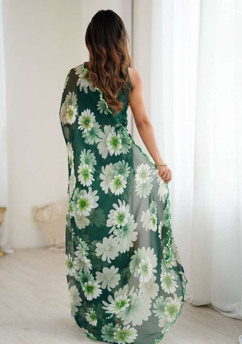 Green Abstract Georgette Saree Set for Diwali | Wedding & Festive Wear - Indya