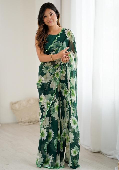 Green Abstract Georgette Saree Set