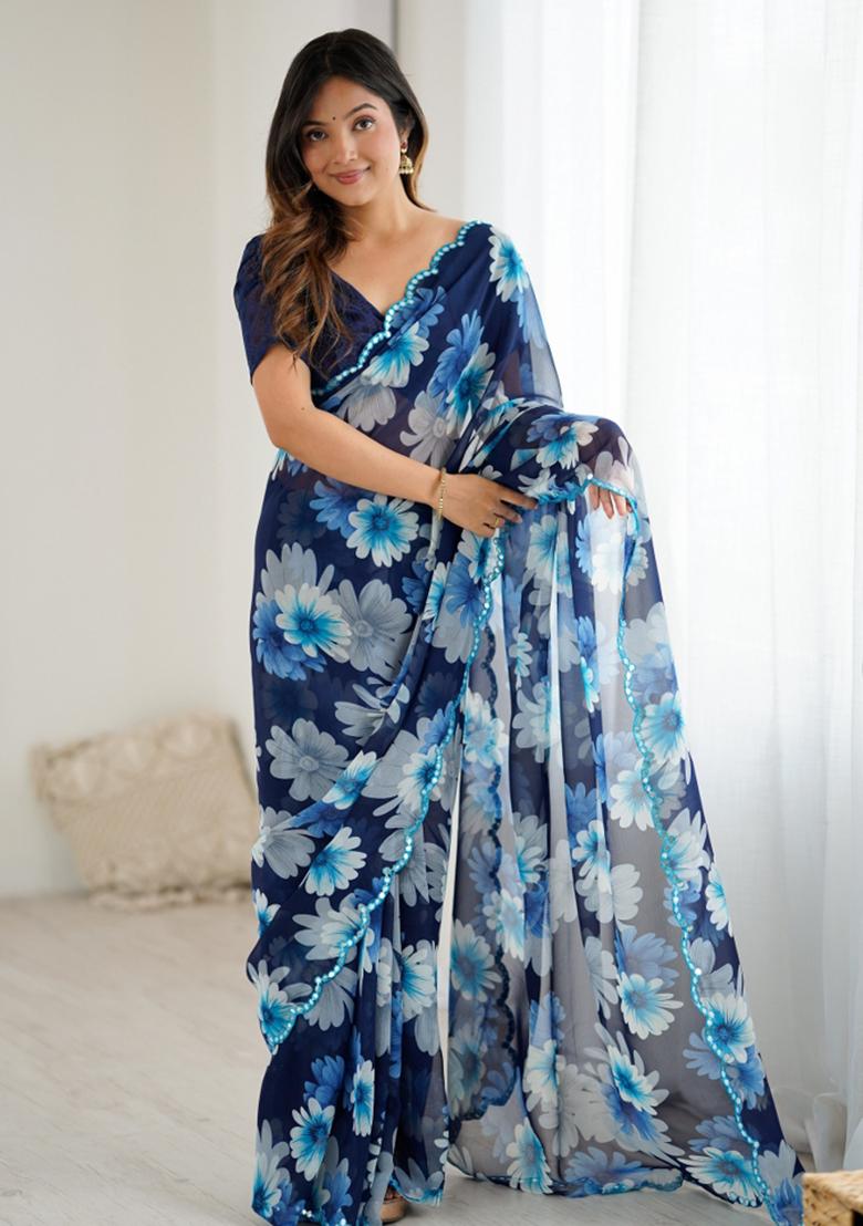 Blue Abstract Georgette Saree Set - Indya