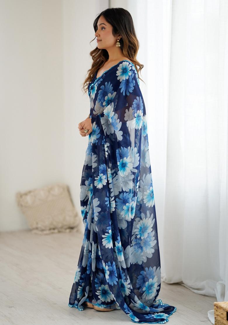 Blue Abstract Georgette Saree Set - Indya