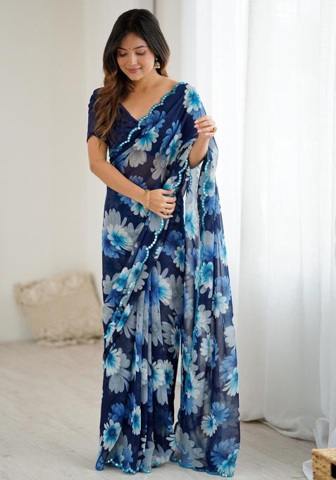 Blue Abstract Georgette Saree Set