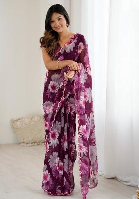 Purple Abstract Georgette Saree Set