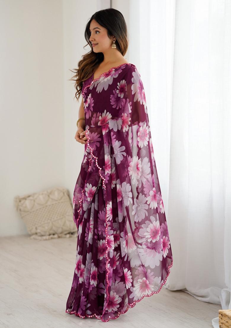 Purple Abstract Georgette Saree Set - Indya