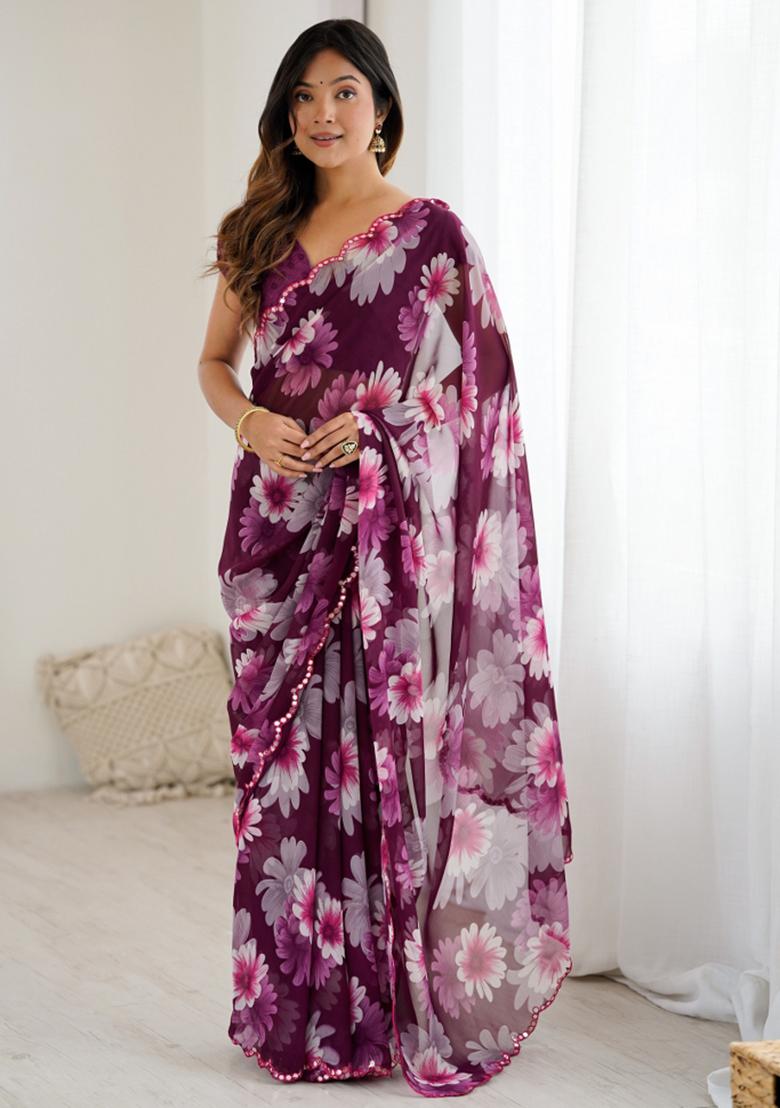 Purple Abstract Georgette Saree Set - Indya