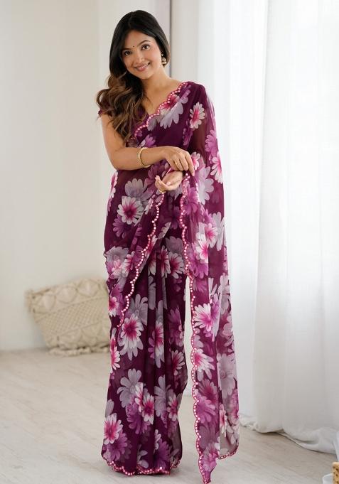 Purple Abstract Georgette Saree Set