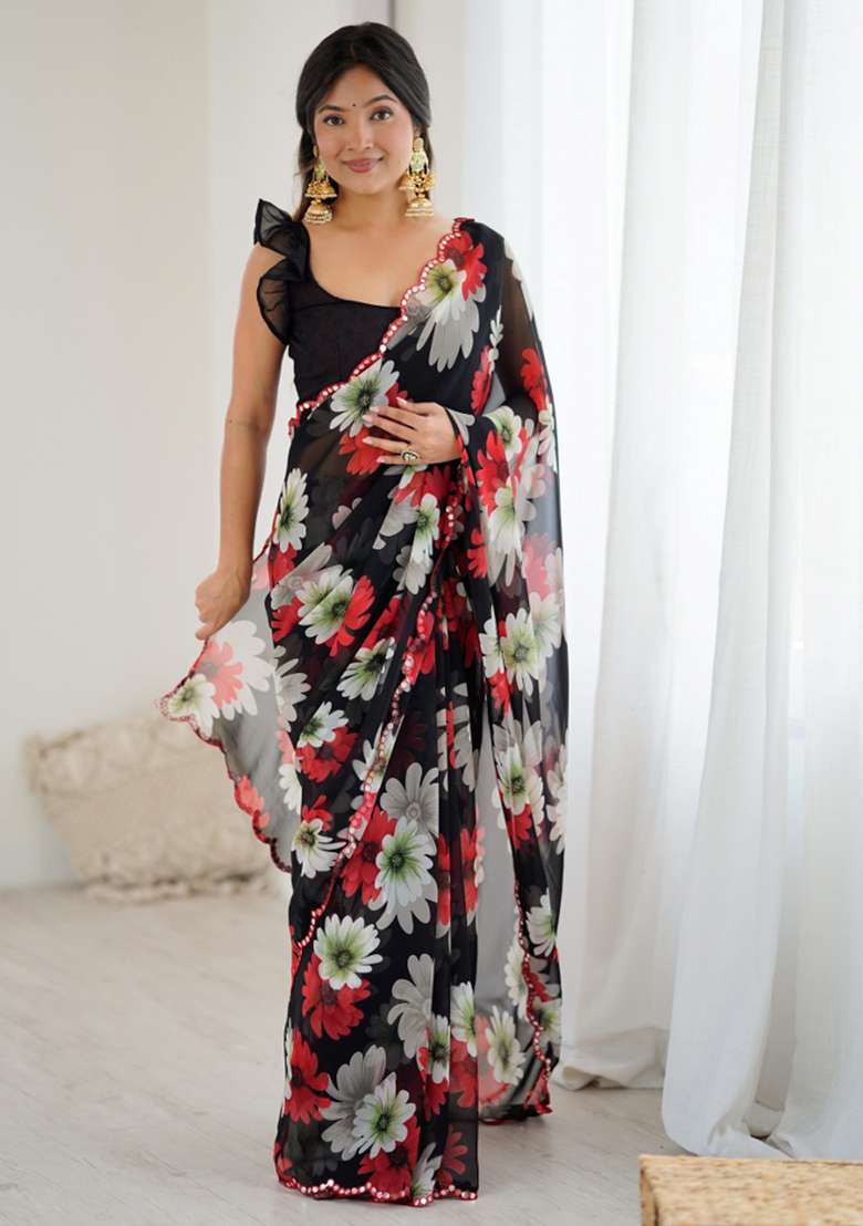 Black Abstract Georgette Saree Set for Diwali and Festive Wear - Indya