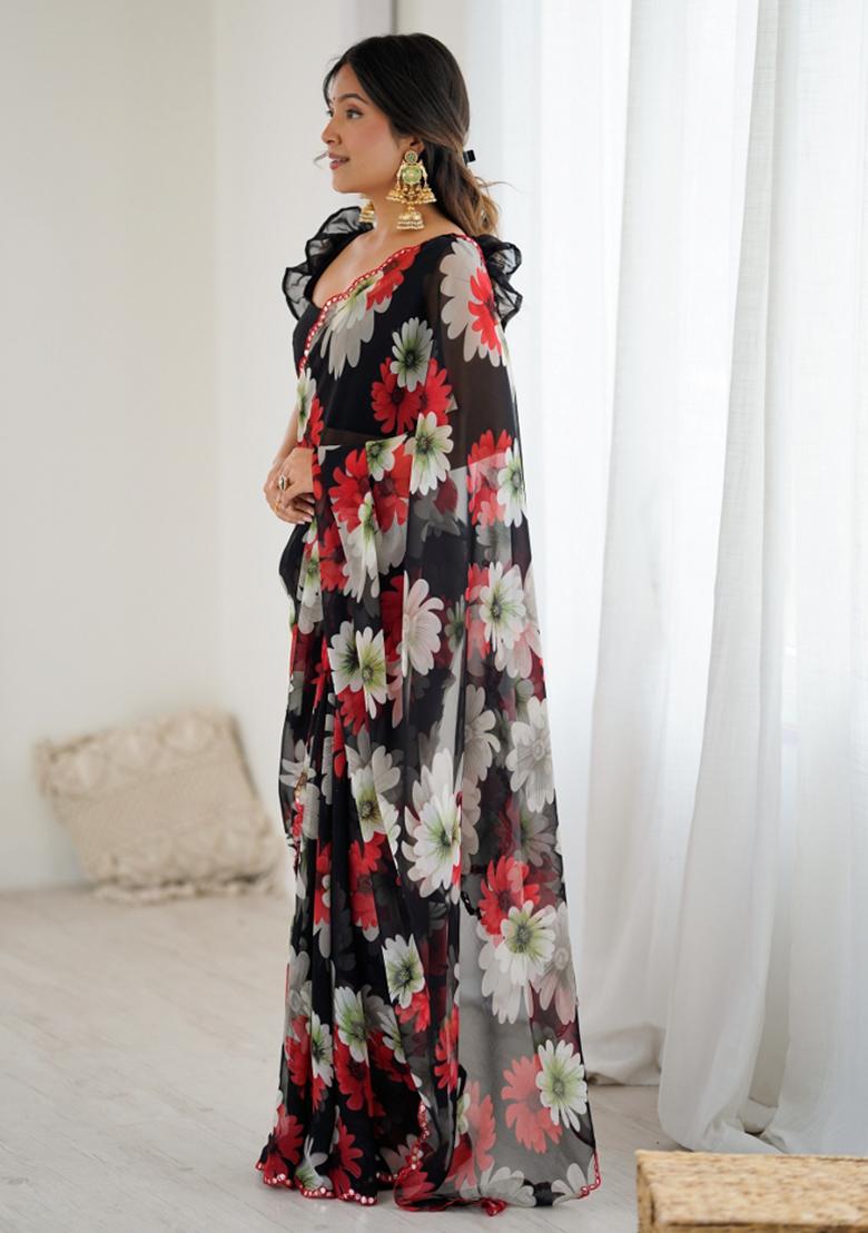 Black Abstract Georgette Saree Set - Indya