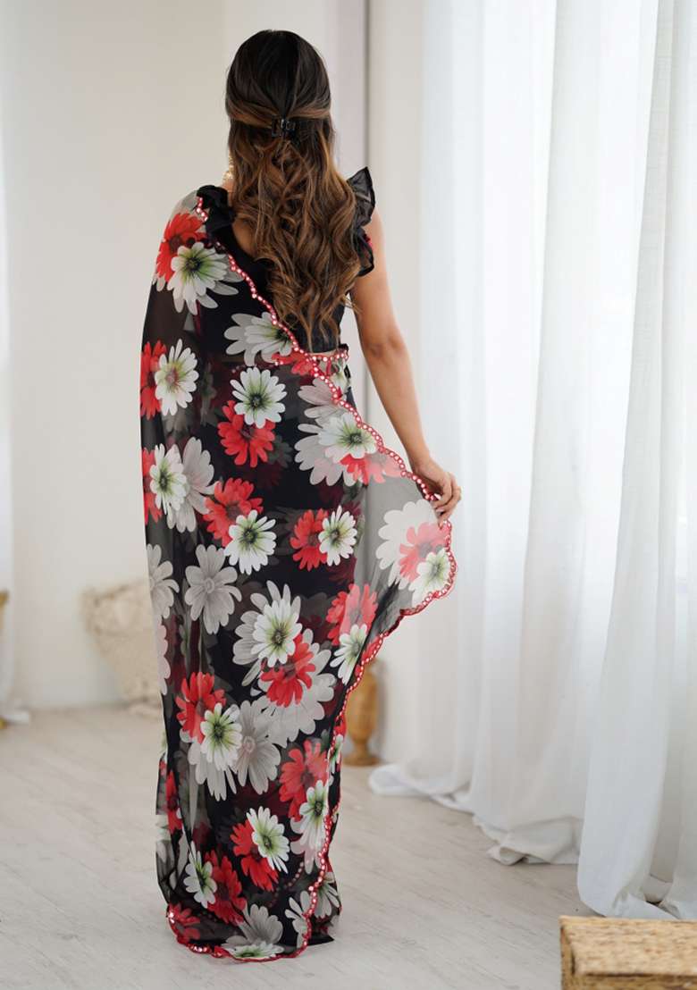 Black Abstract Georgette Saree Set for Diwali and Festive Wear - Indya