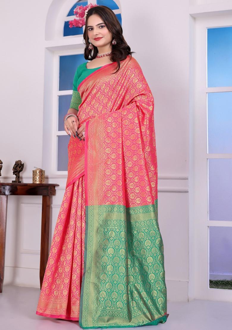 Pink Zari Work Silk Saree Set - Indya