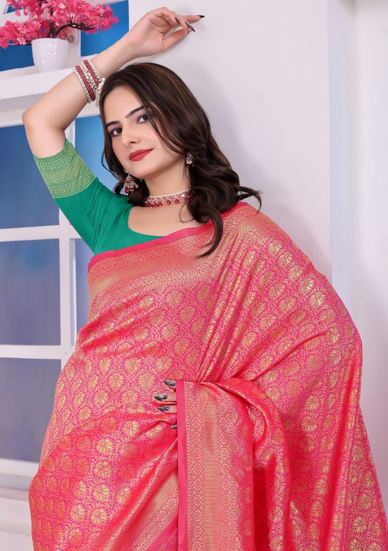 Pink Zari Work Silk Saree Set - Indya