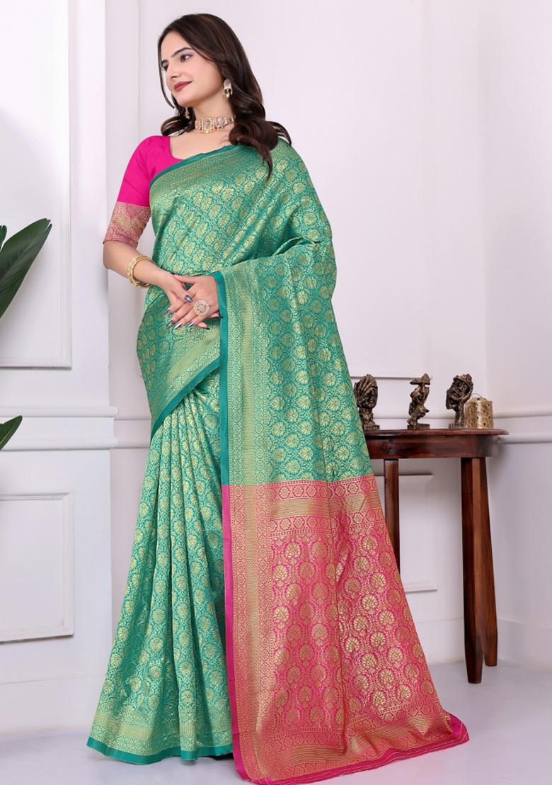 Green Zari Work Silk Saree Set - Indya