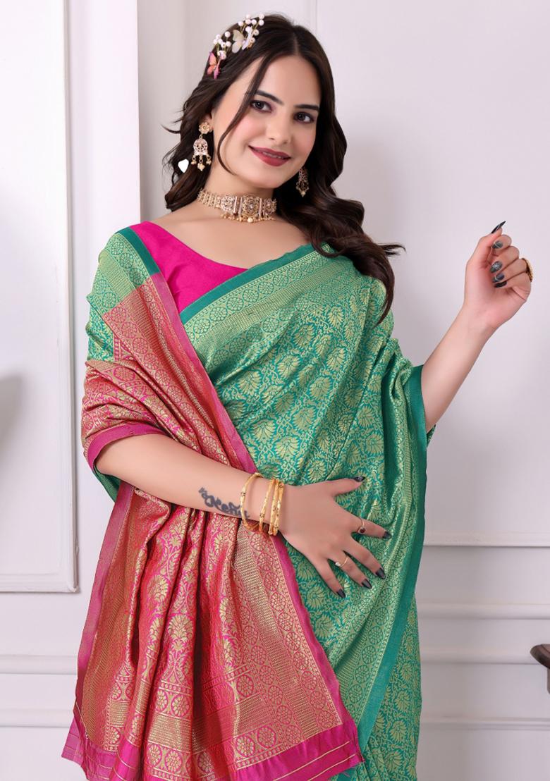 Green Zari Work Silk Saree Set - Indya