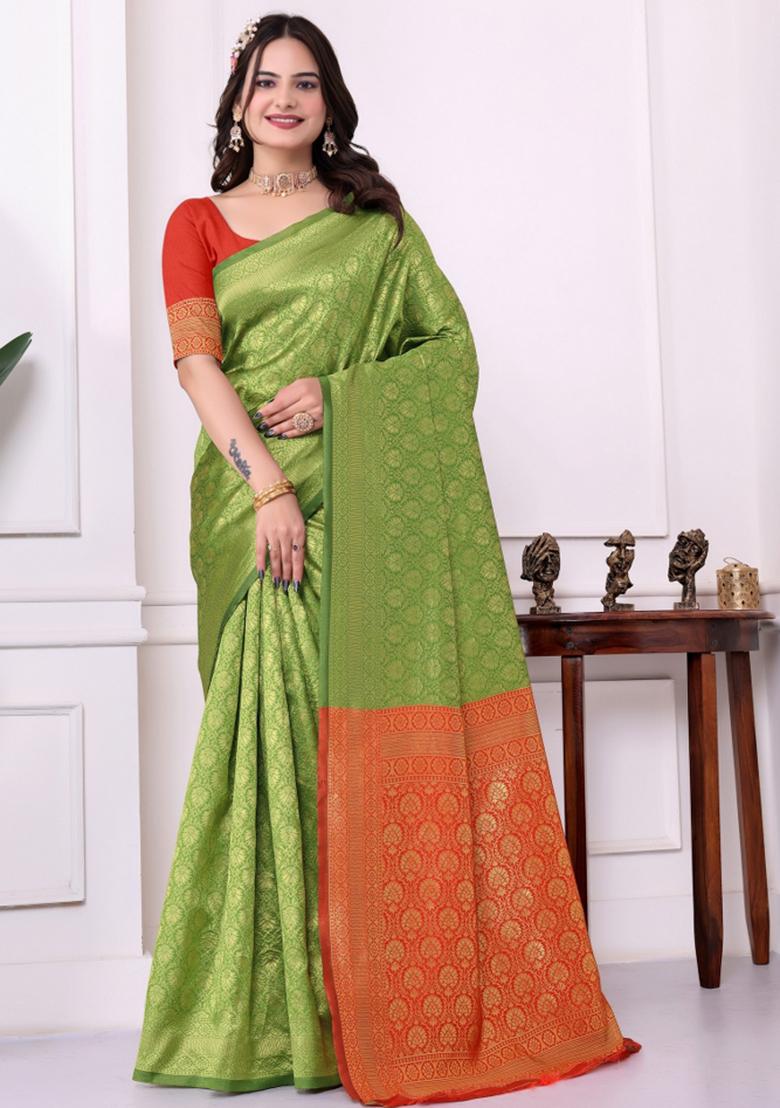 Green Zari Work Silk Saree Set - Indya