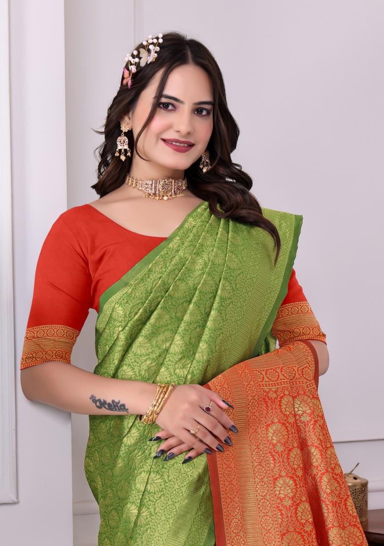 Green Zari Work Silk Saree Set - Indya