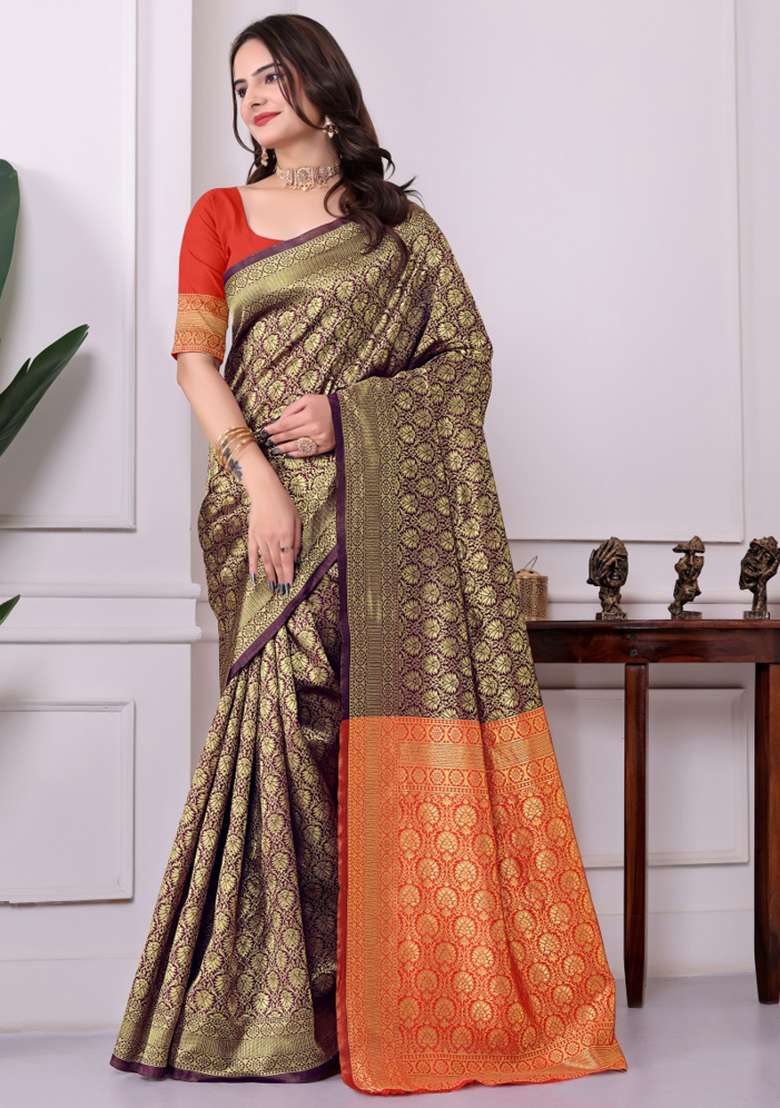 Purple Silk Saree Set with Zari Work for Diwali | Wedding & Festive Wear - Indya