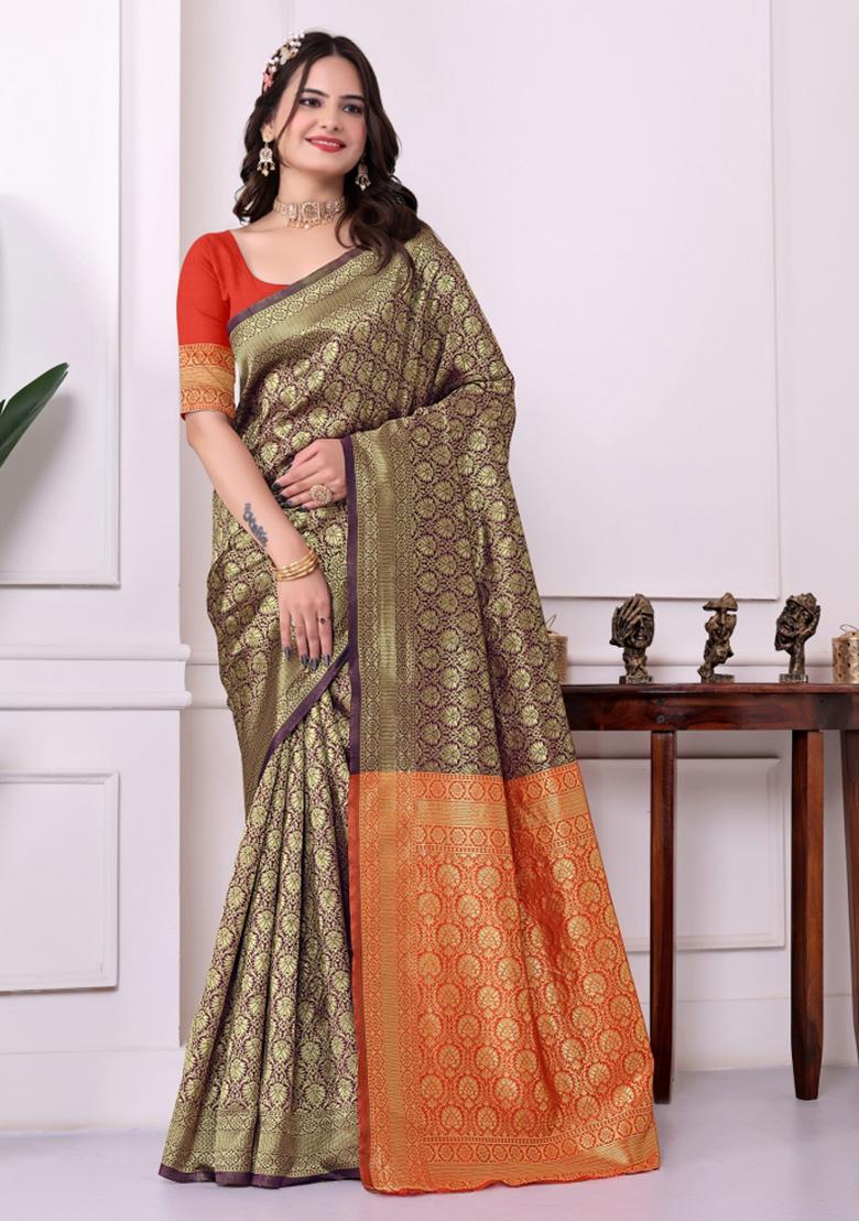 Purple Zari Work Silk Saree Set - Indya