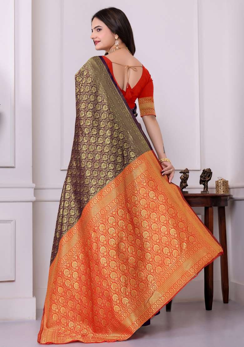 Purple Silk Saree Set with Zari Work for Diwali | Wedding & Festive Wear - Indya