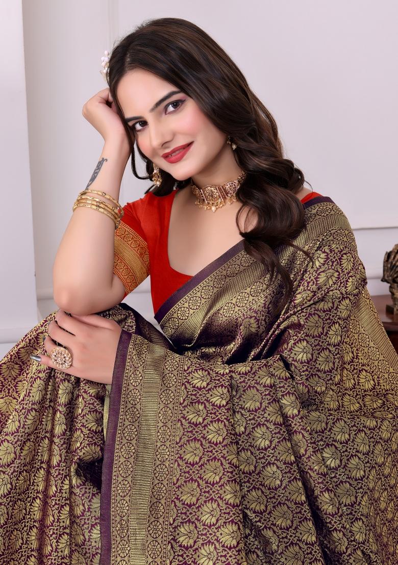 Purple Zari Work Silk Saree Set - Indya