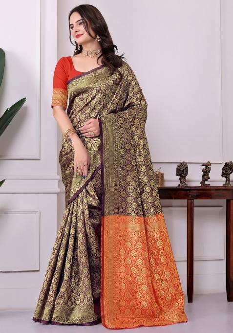 Purple Zari Work Silk Saree Set